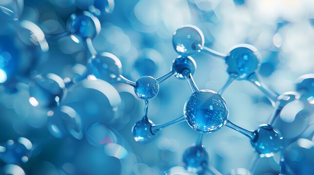 3d rendering of the chemical structure with molecules on blue background, macro view, close-up. 