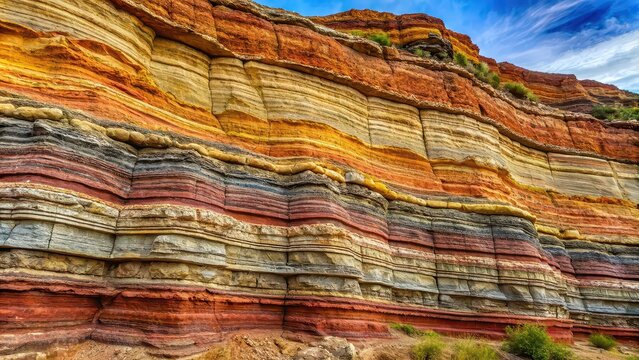Sedimentary rock formation with layers of different colors and textures, sedimentary, rock, layers, formation, texture