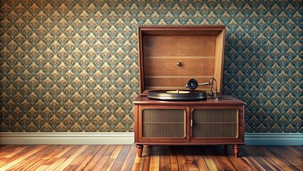 Vintage record player in a retro-themed room, vinyl, music, old-fashioned, nostalgia, vintage, room, interior, decor, retro