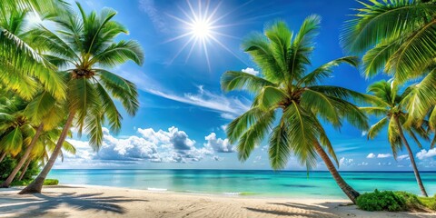 Tropical beach with picturesque palm trees on a sunny day, beach, palm trees, tropical, paradise, vacation, relaxation, ocean, sand