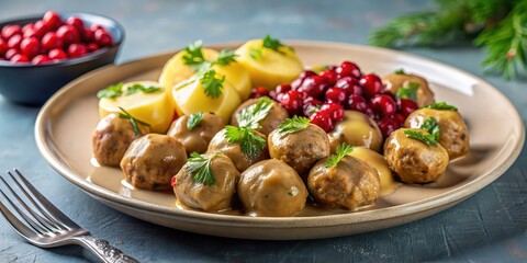 Traditional Swedish meatballs served with lingonberry sauce and potatoes, Swedish, meatballs, k?ttbullar, lingonberry