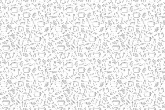 Kitchen utensils seamless pattern background. kitchen set seamless pattern background. hand drawn doodle of kitchen set pattern background. Doodle illustrations of cooking utensils seamless pattern.