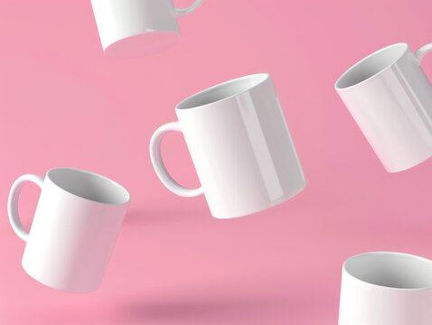 White ceramic mugs floating against a pink background, creating a playful and modern aesthetic.