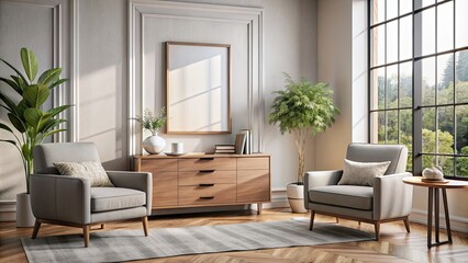Stylish home interior with armchairs and drawer near window with mockup frame, stylish, home interior, armchairs