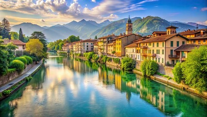 Fototapeta premium Picturesque view of Lombardia region along riverbank, Italy, Lombardia, river, nature, landscape, countryside