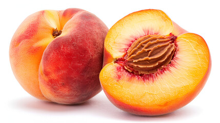 Half of juicy ripe peach on white background,
Ripe peach fruits with leaves on beige background

