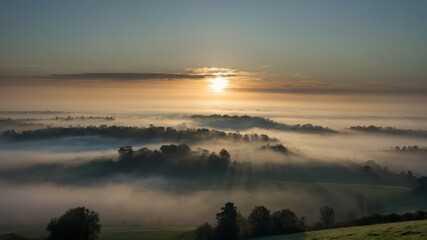 Obraz premium Sky covered in thick fog with the sun just barely visible over misty hills during sunrise