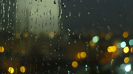 Rainy window with blurry city lights in the background. Bokeh out of focus blur, gloomy weather, melancholic mood, sadness, longing, depression concept backdrop 