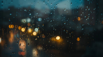 Photo full frame shot of wet window,
Rainy window with blurry city lights in the background. Bokeh out of focus blur, gloomy weather, melancholic mood, sadness, longing, depression concept backdrop
