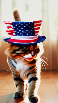 a magical two-headed cat walking rhythmically, wearing an American hat, blending fantasy and patriotism in a captivating scene.