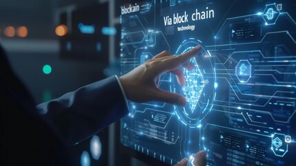 businessman touching the virtual screen with the text quot Via blockchain technology futuristic digital background concept of blockchain and cyber security. Generative AI