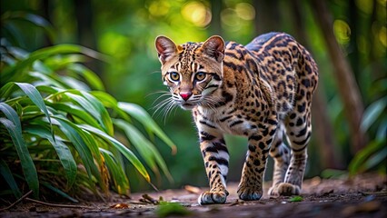 Obraz premium Agile ocelot moving silently through forest undergrowth at dusk, ocelot, agile, wildlife, animal, forest, undergrowth, dusk, nature