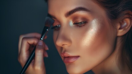 Obraz premium Beautiful female eyes with bright blue make-up and brush