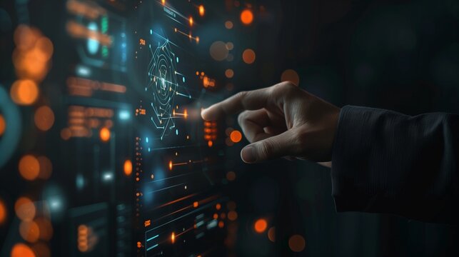 young business man pointing to data analytics of AI technology in dark background
