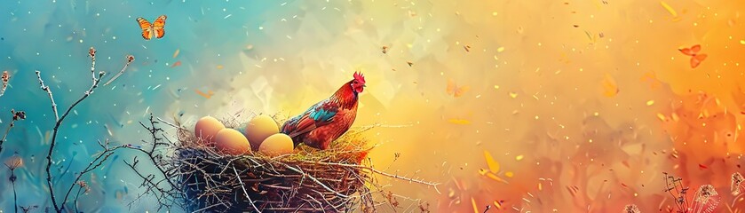 Fototapeta premium A hen perched on a nest in a lush pasture, surrounded by freshly laid eggs, symbolizing natural wellness and care, Realism, Digital Art, Warm and inviting