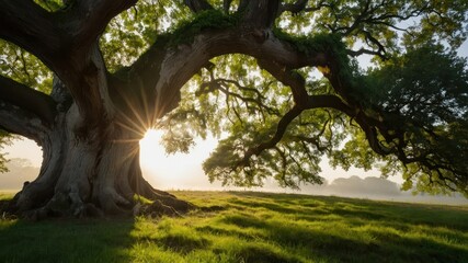 Sunlight filtering through the leaves of an ancient oak tree, creating a ethereal forest scene