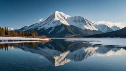 Fototapeta premium Tranquil waters reflecting snowcapped peaks under a clear blue sky, evoking serenity and peace