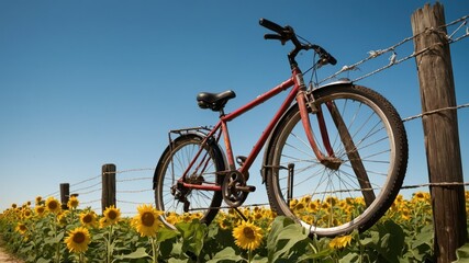 Fototapeta premium Vintage bicycle leaning against a fence in a sunflower field, evoking a rustic and nostalgic feel