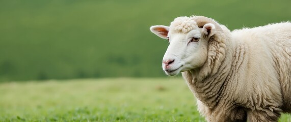 Obraz premium White sheep standing in a green field with forested background, ideal for farm and rural concepts