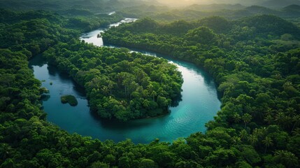 Aerial view of a winding river surrounded by lush, dense forest, creating a vibrant green landscape under a soft, natural sunlight.