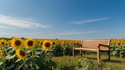 Wooden bench in a sunflower field with a clear blue sky, perfect for summer relaxation