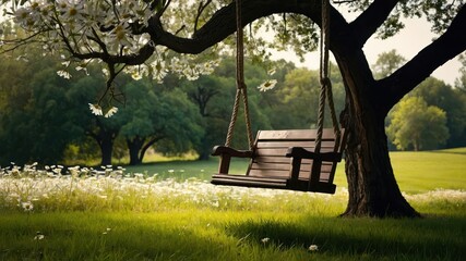 Wooden swing hanging from a large oak tree, gently swaying in a sunny, serene meadow