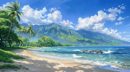 Tropical beach with a picturesque view of lush mountains, clear blue sky, and serene waters, perfect for travel and vacation concepts.