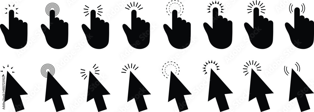 Poster black arrows and hands cursors symbol. pointing hand clicks and clicking cursor art. website arrows 