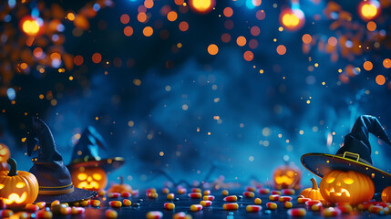 A vibrant Halloween party border with witches' hats, candy corn, and eerie lanterns on a midnight blue backdrop