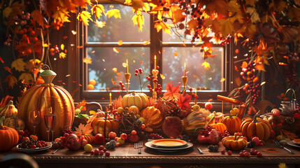 An inviting Thanksgiving backdrop featuring a richly decorated table with autumn colors, pumpkins, and seasonal foliage, evoking the spirit of the holiday