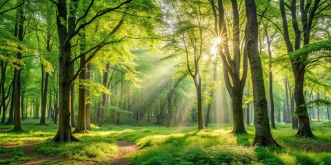 Fototapeta premium Green trees in a tranquil forest landscape with a soft sunlight filtering through the leaves, forest, woodland, nature