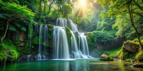 Obraz premium Waterfall cascading in serene forest setting, waterfall, woods, nature, scenic, tranquil, peaceful, flowing, stream, trees