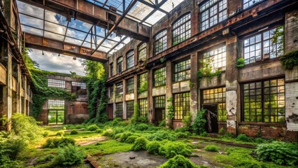 An eerie, desolate old abandoned factory with broken windows and overgrown vegetation, urban decay, industrial, rust, gloomy