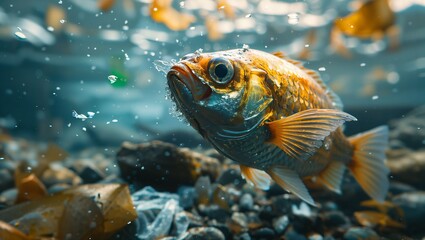 Fototapeta premium Mesmerizing Close-Up of a Golden Fish Surrounded by Bubbles and Underwater Debris