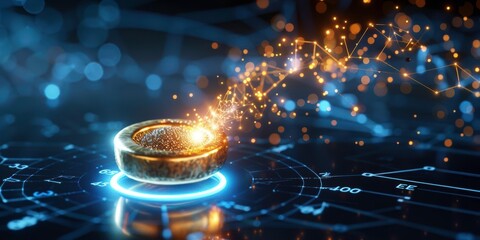 A futuristic digital illustration featuring a glowing golden ring emitting vibrant particles over a high-tech background with charts and graphs.