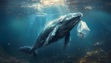 Fototapeta premium Majestic Whale Struggling with Ocean Pollution in Serene Underwater Scene