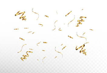 Confetti explosion on transparent background. Pieces of shiny gold paper flying and spreading.Simple design. Eps 10