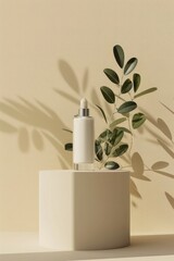 Minimal cosmetic product display podium with eucalyptus leaves