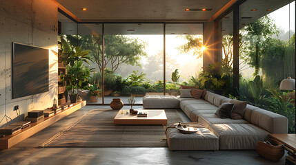 Modern living room with a voice-activated assistant and touch-screen controls embedded in the coffee table, 8K 