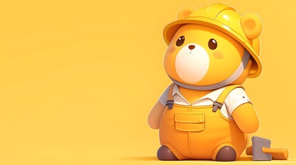 Fototapeta premium Adorable Cartoon Animal Worker in Hard Hat on Simple Yellow Background