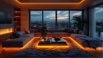 Modern living room with a voice-activated assistant and touch-screen controls embedded in the coffee table, 8K 