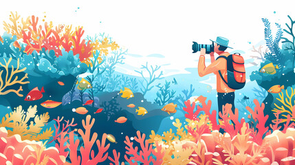 Fototapeta na wymiar 3D Flat Icon Marine Biologist Capturing Coral Reef Restoration with Digital Camera in Vibrant Underwater Scene Highlighting Climate Change Impact on Marine Ecosystems Isolated Wh