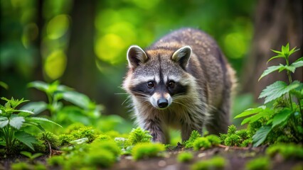 Naklejka premium Raccoon foraging for food in a lush forest , wildlife, animal, nature, woodland, fur, cute, adorable, outdoors, scavenger