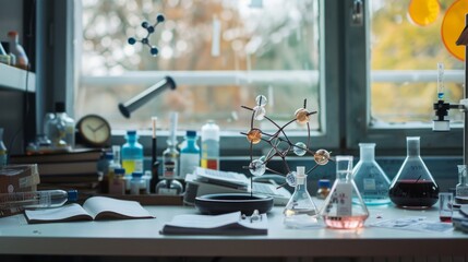 Innovative Precision: Modern Scientific Laboratory with Atomic Model, Geiger Counter, and Erlenmeyer Flasks in a Scholarly University Setting.