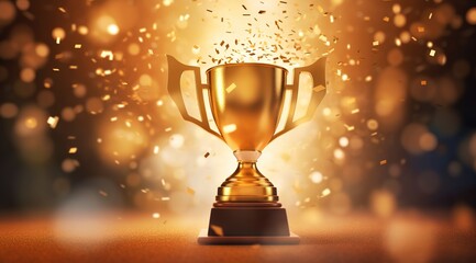 A gleaming gold winners trophy cup takes center stage, surrounded by a festive explosion of colorful celebration confetti and sparkling glitter, symbolizing victory and success in a competition.