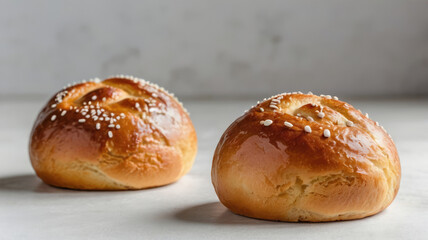 Two buns with sesame seeds on a light background, close-up