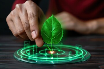 Digital Leaf Innovation, Hand placing holographic leaf, Eco Technology