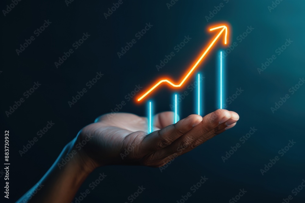 Wall mural future growth, hand holding bar chart with upward arrow, business expansion