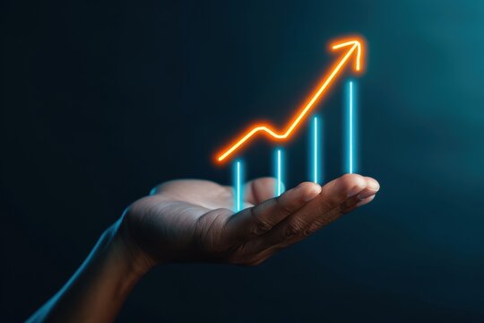 Future Growth, Hand holding bar chart with upward arrow, Business Expansion