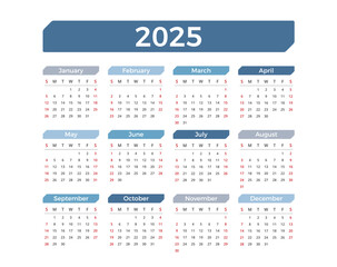 2025 Calendar, week starts on Sunday, vector eps10 illustration